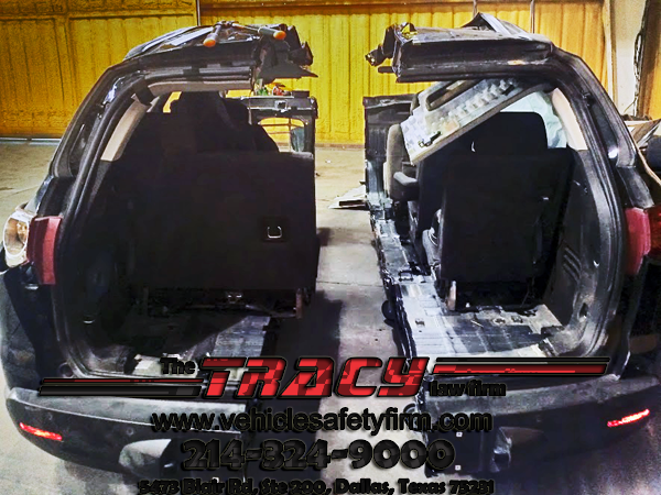 The 2010 Chevrolet Traverse, Attorney E. Todd Tracy sent out to California at an Automotive testing facility to conduct a rollover dolly test is cut in to half for TTLA.