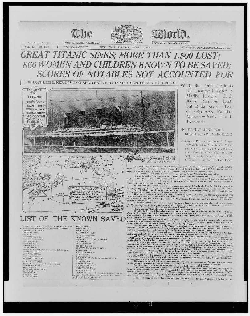 Great Titanic Sinks is the headline on the April 16, 1912 Edition of The World Newspaper in New York City