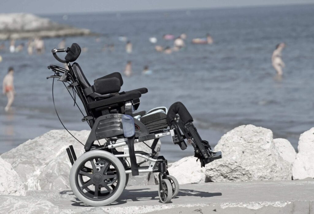 wheelchair on a beach.