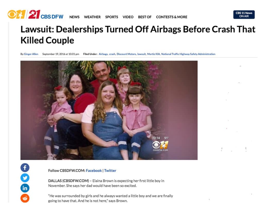 CBS 11 News Lawsuit- Dealership Turned Off Airbags Before Crash That Killed Couple Represented by Todd Tracy