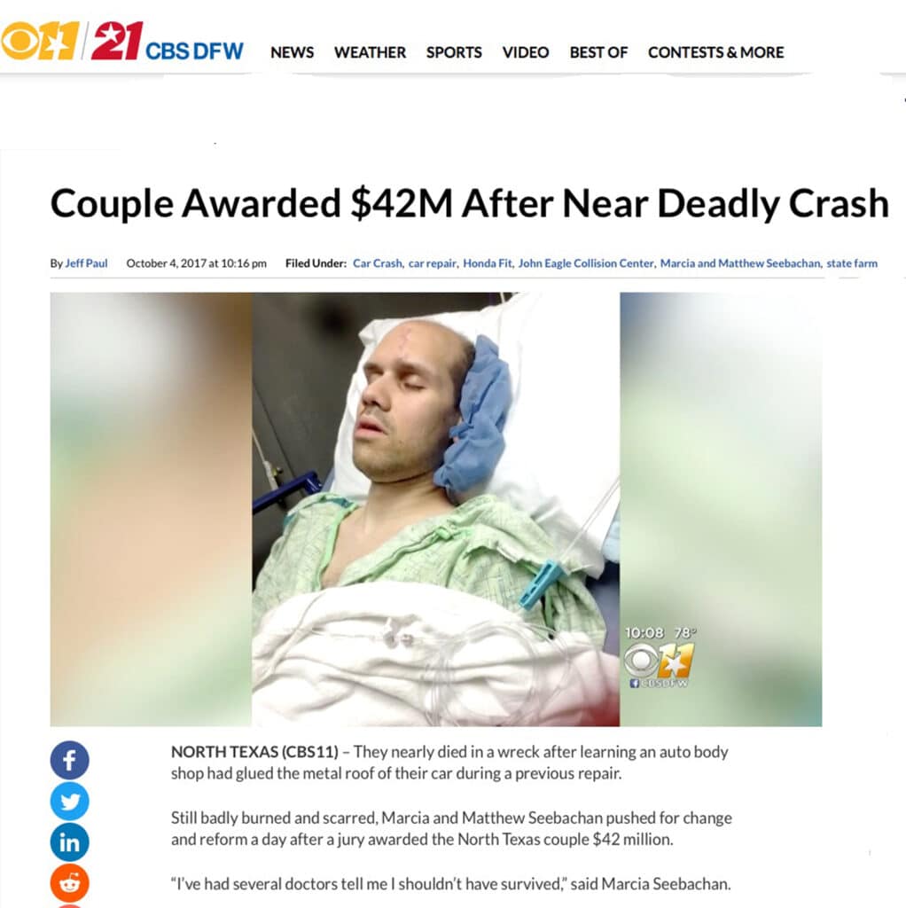 CBS11 News Reports Clients of Vehicle Safety Lawyer Todd Tracy Awarded $42 Million After Near Deadly Car Crash